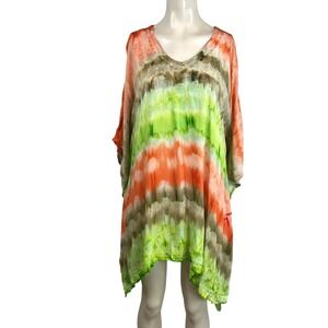 Sakkas Women Tie Dye Kaftan Tunic Top Boho Embroidered Orange Green One Size